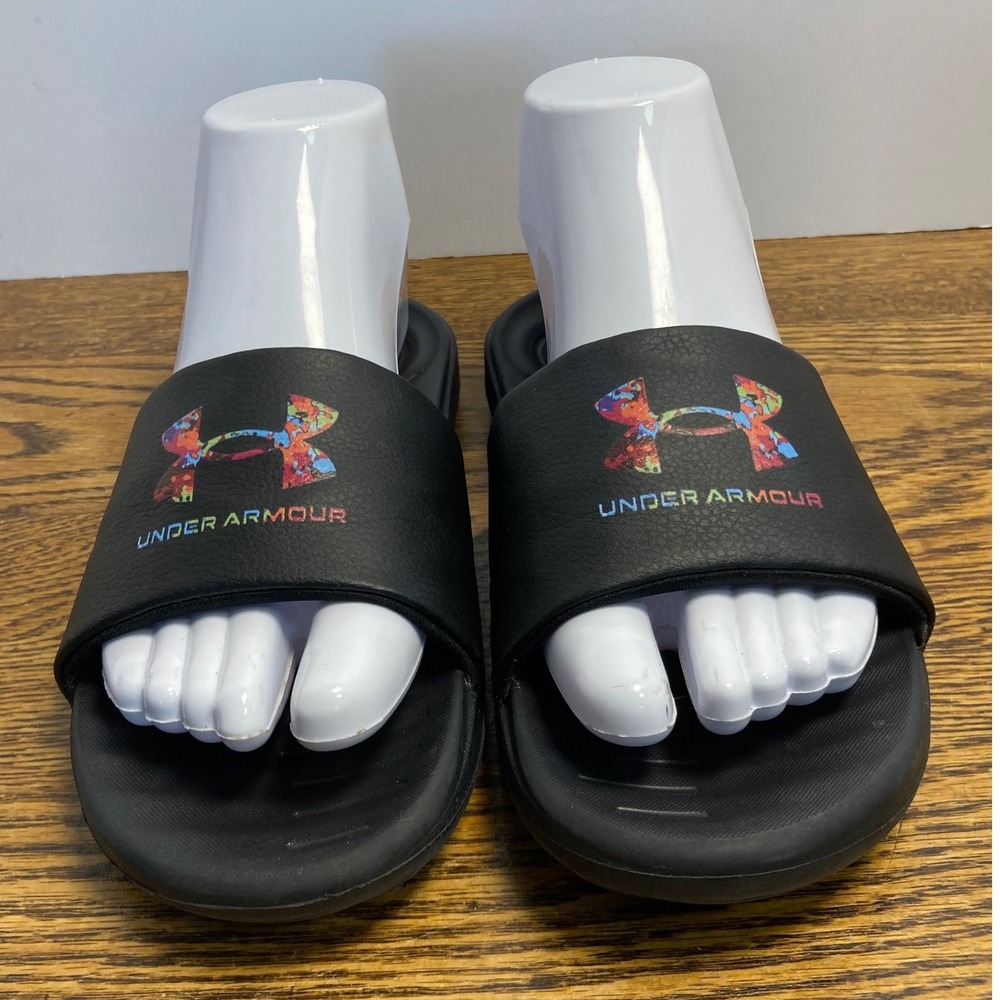 Under Armour Ansa Fix Black Multi Color Logo Slide Sandals 4Y 3024439-002